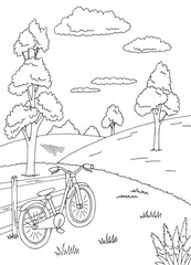 Bicycle in field graphic black white landscape sketch illustration vector 