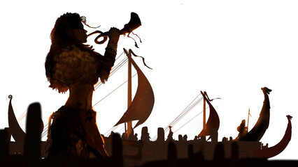 Silhouettes with the image of a Valkyrie girl who stands and blows the horn of war against the background of floating Viking ships of the Drakar. She is a beautiful warrior with an axe in animal skins