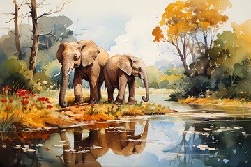 Painting of two elephants on the shore of a lake, Generative AI