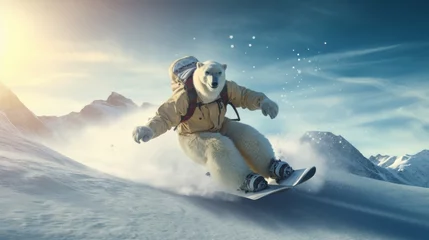 Fotobehang Generative AI. White polar bear in a ski suit is skiing at a ski resort. A creative image with a wild animal is an advertisement for an active winter extreme sport. © Nikolai