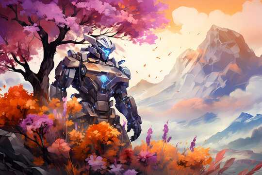 Painting of a futuristic Alien standing next to the oak trees, Generative AI