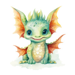 Fototapeta premium Cute baby dragon sitting isolated on white. Watercolors, and fantastic animals in a cartoon style on a white background