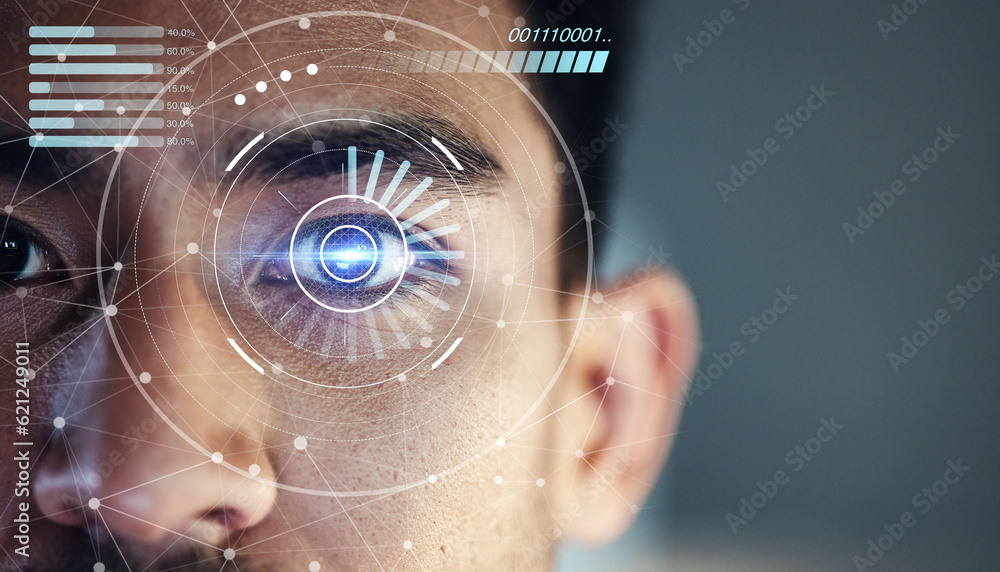 Poster scan hologram, eyes and face of man of biometric data, cybersecurity and futuristic technology. holo