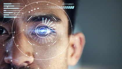 Scan hologram, eyes and face of man of biometric data, cybersecurity and futuristic technology....