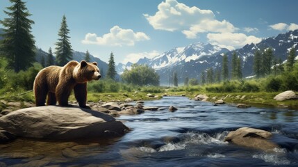 Generative AI. A brown bear came to a clear mountain river to get food, hunt and catch some fish. A predatory animal by the water in summer.