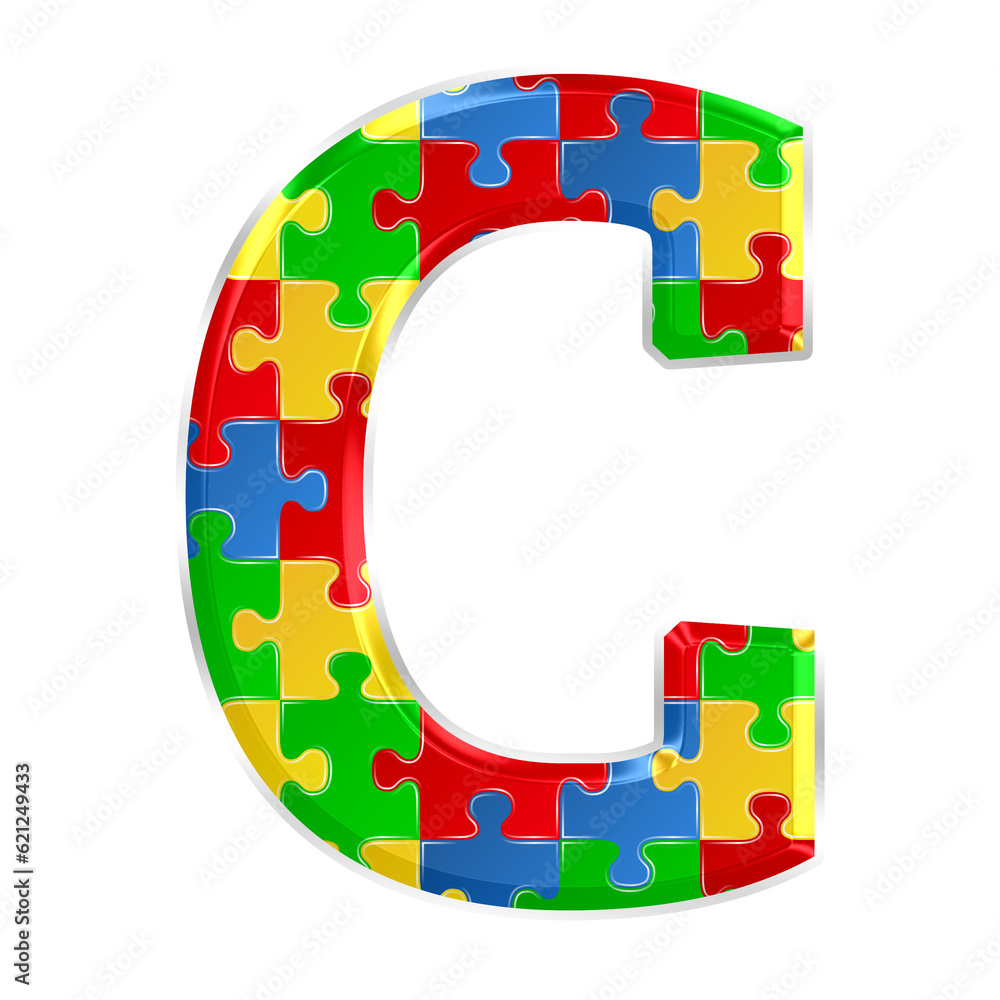 Fototapete Colorful puzzle alphabet letter C, isolated on transparent background, uppercase. This is a part of a set which also includes numbers, symbols, and shapes.