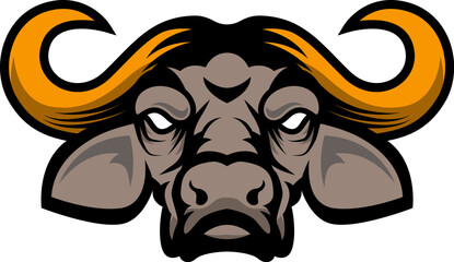 Angry african buffalo head. African buffalo Mascot Head. Design element for logo, label, sign, badge.