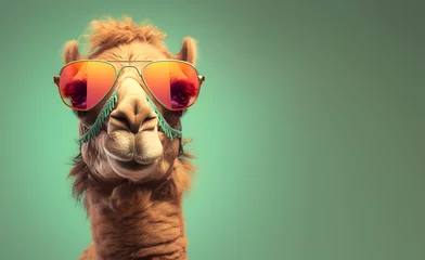Creative animal concept. Camel in sunglass shade glasses isolated on solid pastel background, commercial, editorial advertisement, surreal surrealism © Sandra Chia