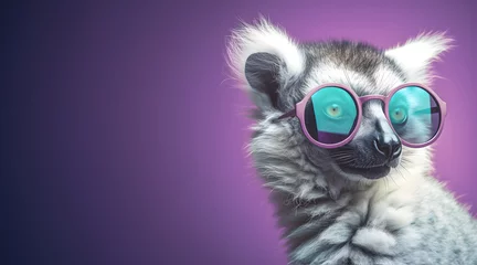 Foto op Plexiglas Creative animal concept. Lemur in sunglass shade glasses isolated on solid pastel background, commercial, editorial advertisement, surreal surrealism © Sandra Chia