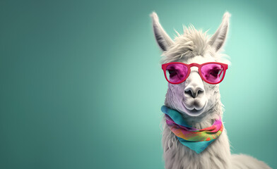 Creative animal concept. Llama in sunglass shade glasses isolated on solid pastel background, commercial, editorial advertisement, surreal surrealism - obrazy, fototapety, plakaty