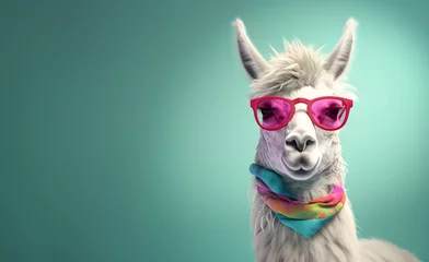 Creative animal concept. Llama in sunglass shade glasses isolated on solid pastel background, commercial, editorial advertisement, surreal surrealism © Sandra Chia