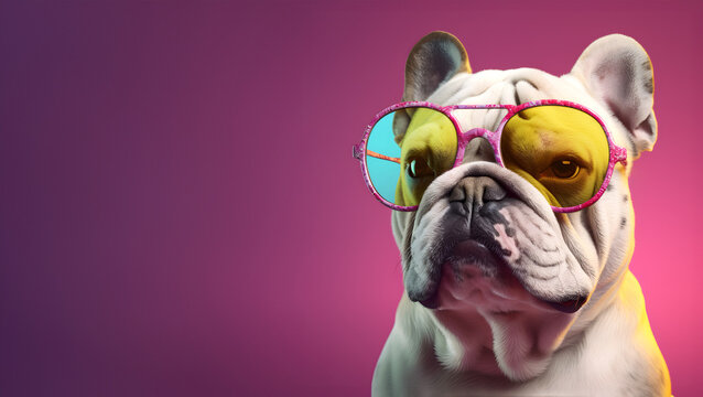 Creative animal concept. Bulldog dog puppy in sunglass shade glasses isolated on solid pastel background, commercial, editorial advertisement, surreal surrealism