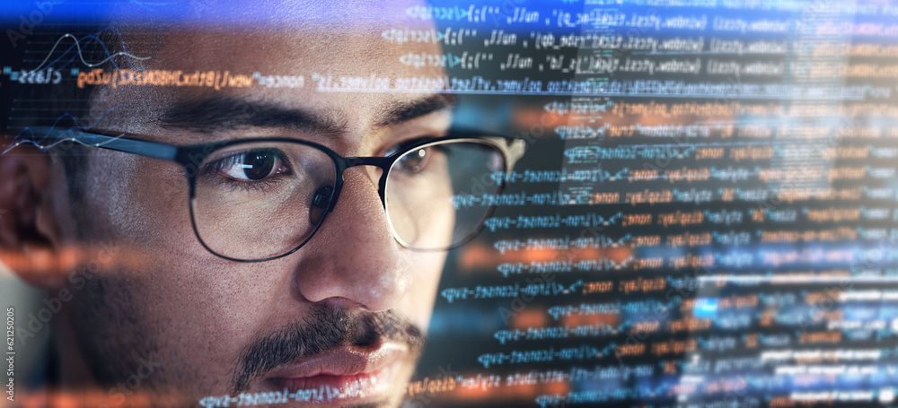 Aufkleber Computer, coding hologram and man in data analytics, information technology overlay or html at night. Programmer or IT person in glasses reading software script, programming or cybersecurity research