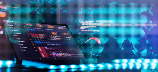 Notebook closeup photo. CSS, JavaScript and HTML usage. Monitor closeup of function source code....
