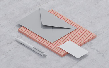 Arrangement with blank branding elements business card envelope pen on pink and grey isometric background