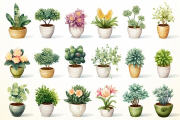 watercolor collection of beautiful plants in ceramic pots