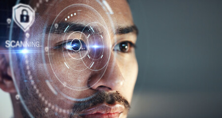 Asian man, scanning eye and biometrics for futuristic cyber security on mockup space at the office....