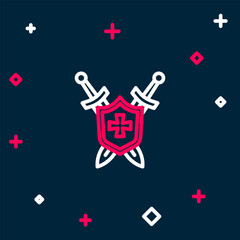 Line Medieval shield with crossed swords icon isolated on blue background. Colorful outline concept. Vector