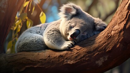 Sleepy koala clinging to a eucalyptus tree branch Generative AI