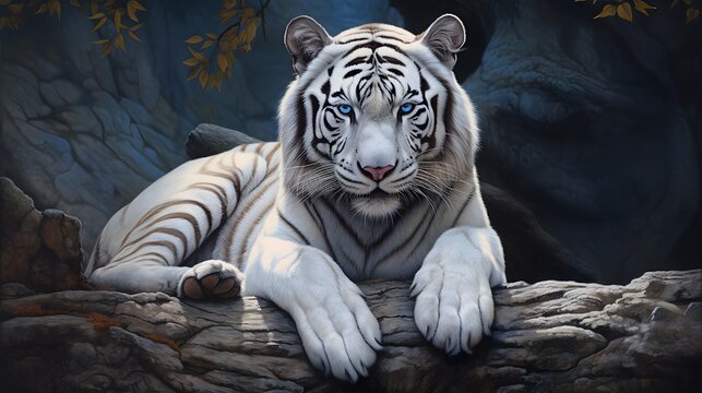 Majestic white tiger resting regally on a rock Generative AI