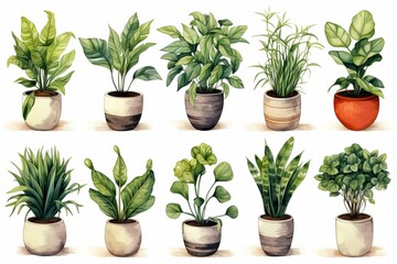 watercolor collection of beautiful plants in ceramic pots