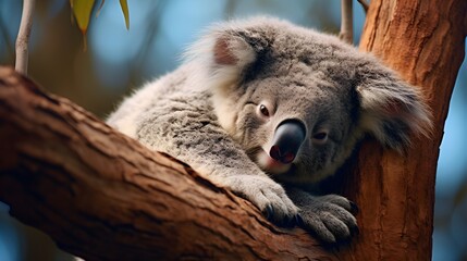 Sleepy koala clinging to a eucalyptus tree branch Generative AI