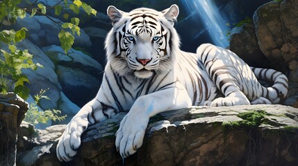 Majestic white tiger resting regally on a rock Generative AI
