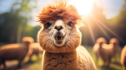 Smiling alpaca with fluffy fur Generative AI