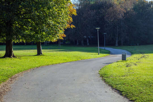 Empty park path with falling leaf in Germany Munich destination Ostpark. Sunny day, tree background.
