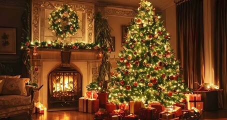Fototapeta na wymiar クリスマスの室内、暖炉とプレゼント、デコレーション、温かい雰囲気