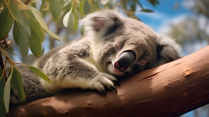 Sleepy koala cuddled up on a eucalyptus tree branch Generative AI