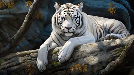 Majestic white tiger resting regally on a rock Generative AI © Andrii