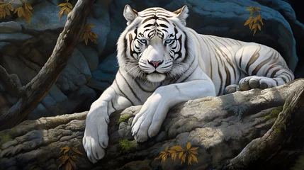 Schilderijen op glas Majestic white tiger resting regally on a rock Generative AI © Andrii