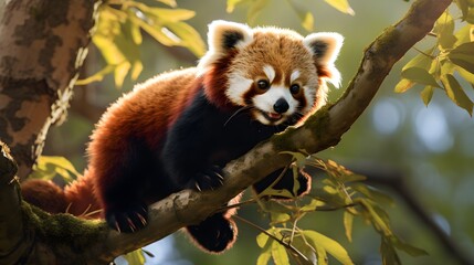 Playful red panda hanging from a tree branch Generative AI