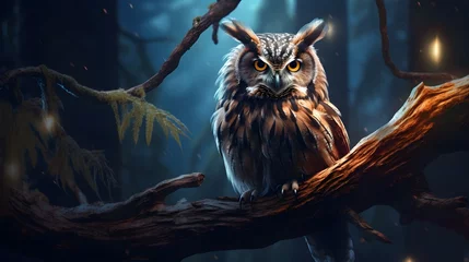 Papier Peint photo Dessins animés de hibou Wise owl perched on a tree branch Generative AI
