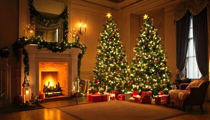 Fototapeta na wymiar クリスマスの室内、暖炉とプレゼント、デコレーション、温かい雰囲気