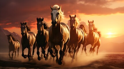 Group of horses galloping freely across a golden sunset Generative AI