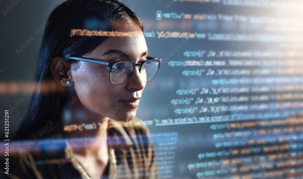 Poster Software, data hologram and woman with code analytics, information technology and gdpr overlay. Programmer coding or IT person in glasses reading html script, programming and cyber security research