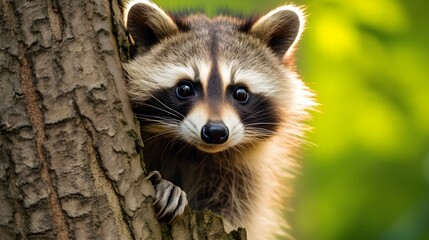 Curious raccoon peering out from behind a tree Generative AI