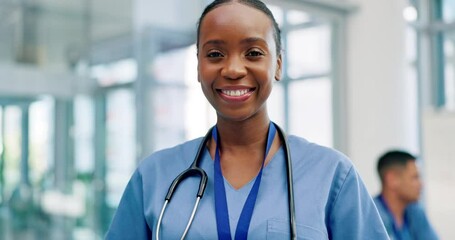 Black woman, doctor and smile in confidence for healthcare, surgery or leadership at the hospital. Portrait of happy African female person, nurse or medical professional for health advice at clinic - Powered by Adobe