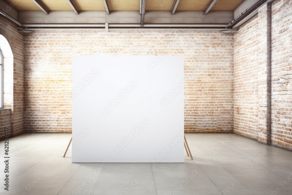 Poster n empty room with a blank canvas and a brick wall. generative ai