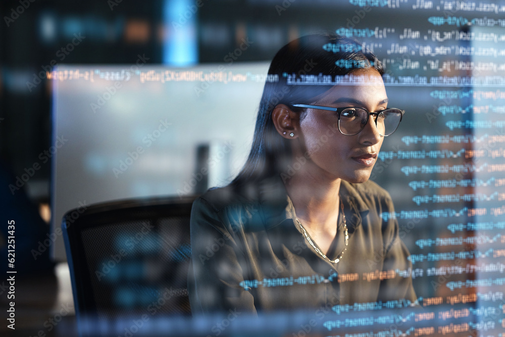 Aufkleber Computer, hologram and woman coding for data analysis, information technology overlay and night html. Programmer or IT person in glasses reading software script, programming or cybersecurity research
