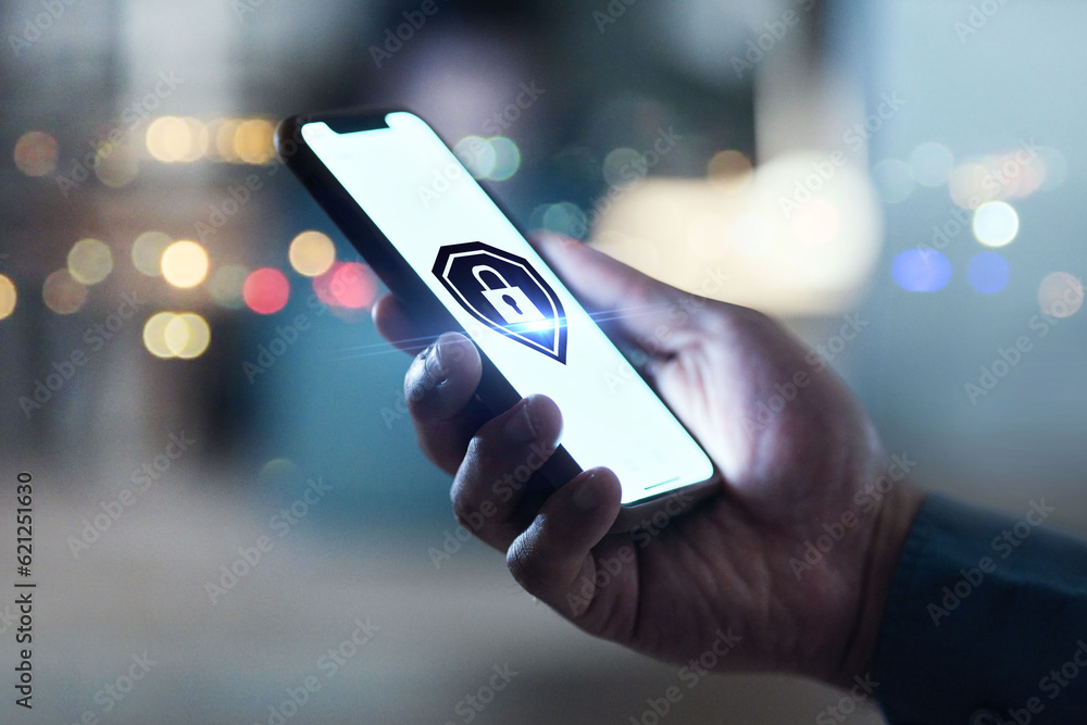 Aufkleber Hand, phone and cyber security or safety lock system for network, information or data protection. Person and gdpr icon on personal smartphone screen for privacy, antivirus or hacking and fraud or vpn