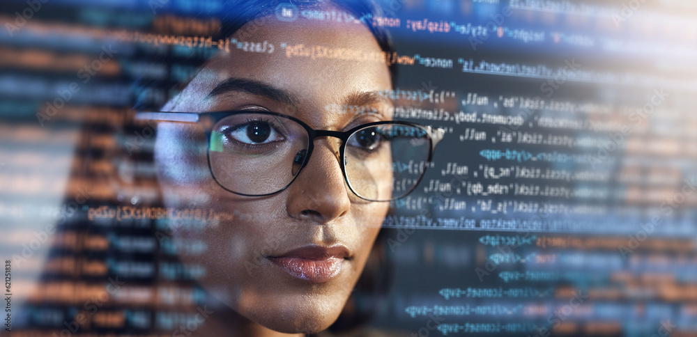 Aufkleber Data analysis, hologram and woman for coding software, information technology and night overlay. Programmer code or IT person in glasses reading html script, programming and cyber security research