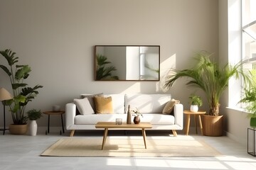 interior design of light living room with comfortable sofa, houseplants and mirror near light wall