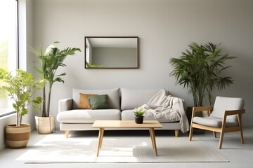 interior design of light living room with comfortable sofa, houseplants and mirror near light wall