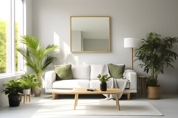 interior design of light living room with comfortable sofa, houseplants and mirror near light wall