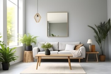 interior design of light living room with comfortable sofa, houseplants and mirror near light wall - obrazy, fototapety, plakaty