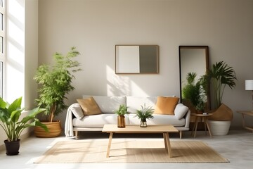 interior design of light living room with comfortable sofa, houseplants and mirror near light wall