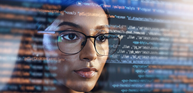 Data analysis, hologram and woman for coding software, information technology and night overlay. Programmer code or IT person in glasses reading html script, programming and cyber security research